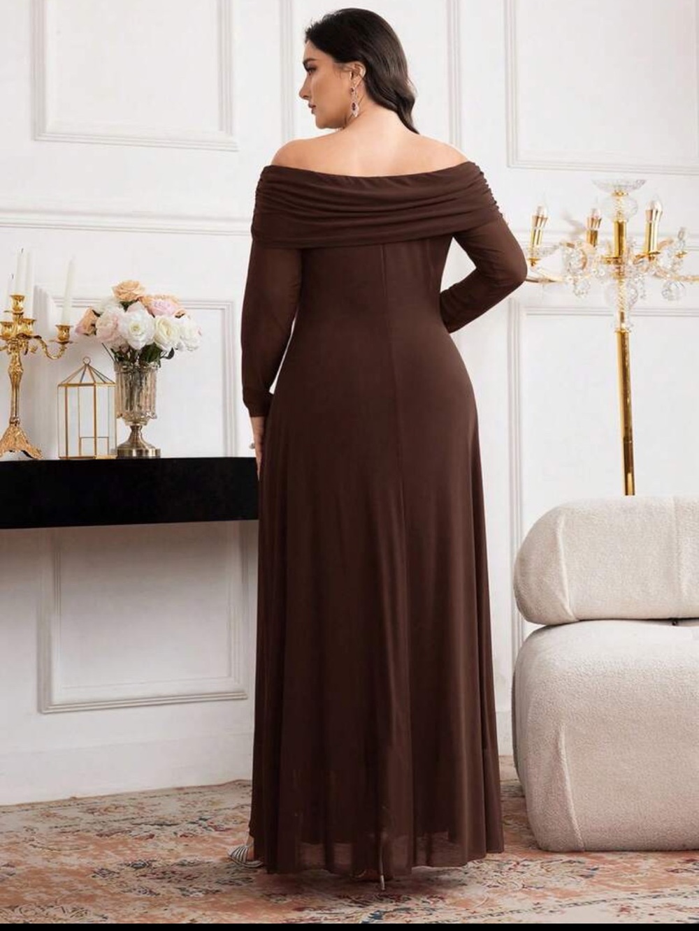 NEW Size 14 1XL Brown Off Shoulder Long Sleeve Maxi Dress - Picture 2 of 2